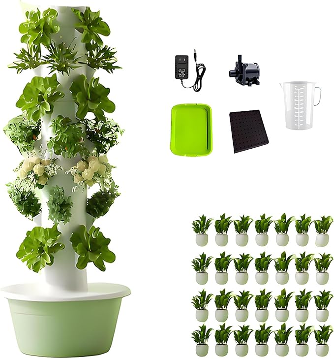 Hydroponic Tower Growing Sytem with Pump and Movable Water Tank Indoor Vertical Gardening Grow Kit Hydroponics Tower Garden for Indoor Herbs Fruits and Vegetables Green-7Layer