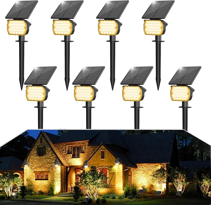 VOLISUN Solar Spotlight Outdoor IP67 Waterproof Solar Landscape Spot LightsUplights for Yard Garden Pathway - 8 Pack (Warm White) 27 LED 3 Lighting Modes