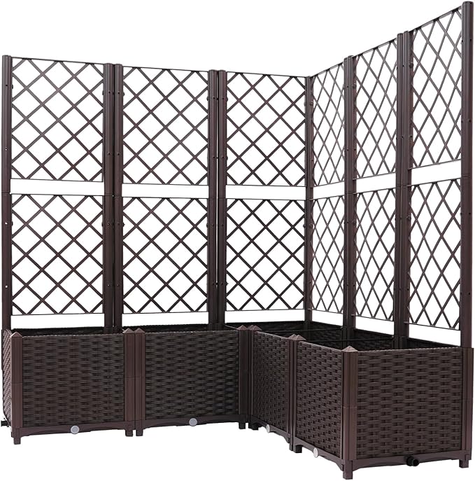 5 PCS Plastic Plant Sturdy Raised Garden Bed with Trellis 56 H Horticulture Outdoor Raised Box Privacy Screen for Patio Balcony Garden Planter Box for Backyard Patio (Brown)