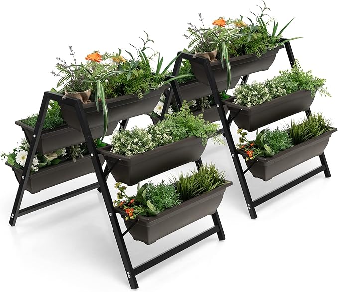 Giantex Set of 2 Vertical Raised Garden Bed 5 Planter Boxes Container w/Drainage Holes 31 H Freestanding Heavy-Duty Metal Frame Indoor Outdoor Raised Bed for Vegetables Herbs Flowers to Grow