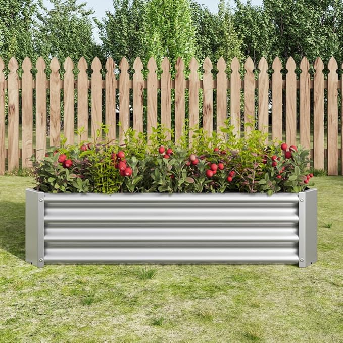 Heavy-Duty Galvanized Steel Raised Garden Bed for Outdoor Vegetable Herb and Flower Planting – Rust-Resistant Metal Planter (Silver with 4x2x1ft)