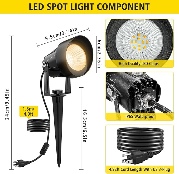Landscape Spot Lights Outdoor Dusk to Dawn Outdoor Lighting with IP65 Waterproof Auto On/Off 3000K Warm White Plug in Spotlight for Yard Tree Wall Pathway Flag Pole House 4 Pack