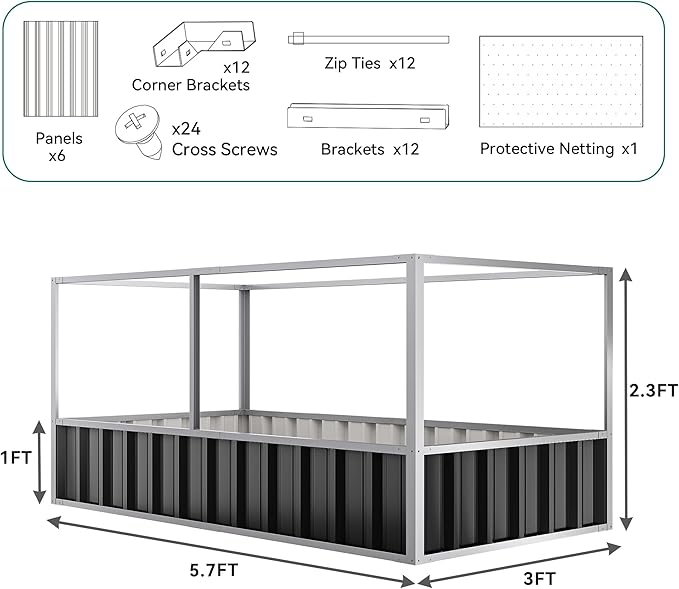 YITAHOME 5.7x3x2.3FT Large Raised Garden Bed with Anti Bird Protection Netting Structure Outdoor Steel Metal Patio Planter Box with Gloves &amp Reinforced Frame for Plants Vegetables Flowers (Dark G