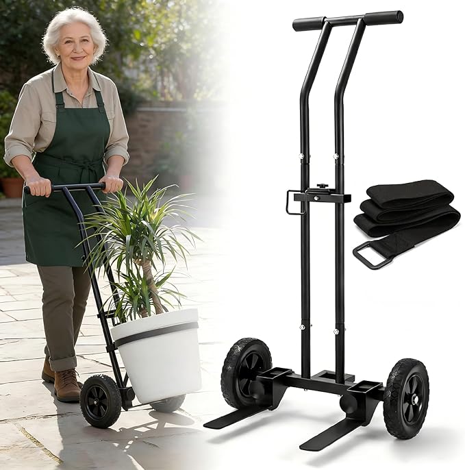 Adjustable Plant Caddy with Wheels Heavy Duty Plant Dolly Cart w/Grab Arm and Strap Dual Protection Garden Potted Plant Mover Dolly for Planter Flower Pots Indoor Outdoor Supports 175lbs Black