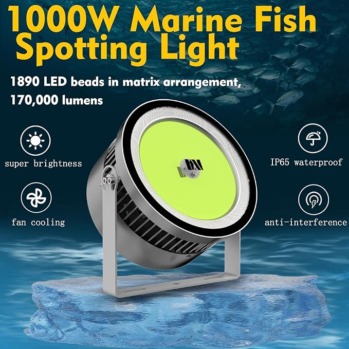 110V-330V 1000W Large Fish Collector Light Abovewater Marine with 6.5Ft Power Cable Green LED Waterproof Spotlight 170KLM Lightning-Proof Fishing Light for Fishing Boats Sea Fishing Tunas and More