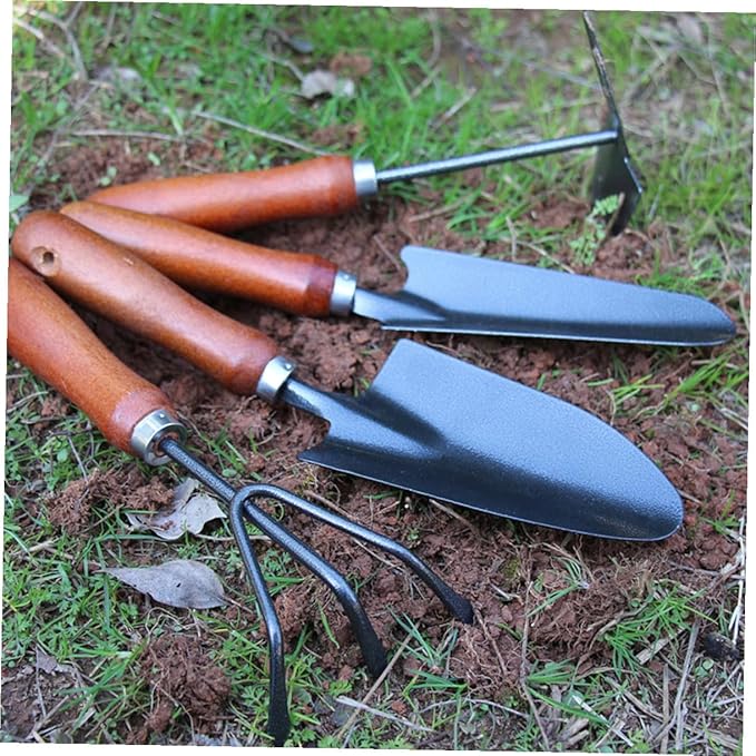 Happyyami 4pcs Mini Garden Tool Set with Thickened Stoving Varnish Iron Shovels and Wooden Handles for Flower Planting and Potted Gardening Use