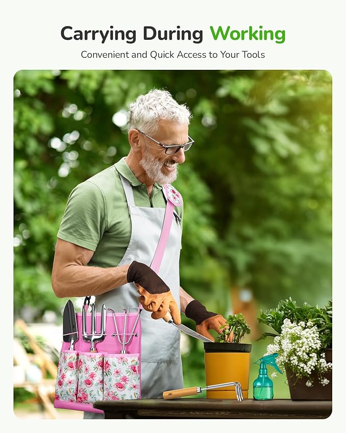 All-in-One Garden Tool Set 11-Piece Heavy Duty Gardening Tools with Ergonomic Canvas Shoulder Crossbody Bag Rust-Proof Premium Garden Tool Kit Gardening Gift for Women Men (Pink)
