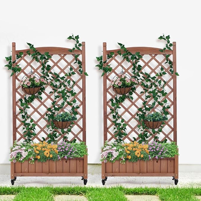 2 Pack Raised Garden Bed Wood Planter Box Standing Natural Wood Raised Garden Bed with Stable Rectangle Structure Standing Planter and Drainage Holes for Climbing Plants Vegetables Flowers