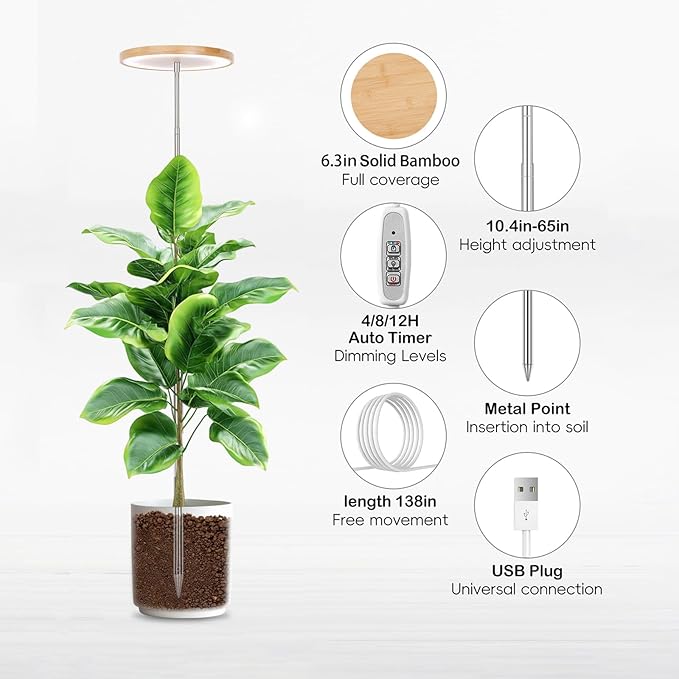 LBW Plant Grow Light72 LEDs Full Spectrum Grow Lights for Indoor PlantsBamboo Plant Lights with 4/8/12H TimerHeight AdjustableIdeal for Large Tall PlantsBamboo2 Pack