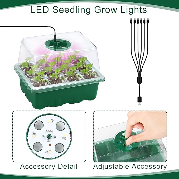 6 Pack Seed Starter Tray Kit with Grow Light and Seedling Heat Mat 72 Cells Seed Starter Tray with Humidity Dome and Base Plastic Plant Growing Germination Trays for Seed Propagation Green
