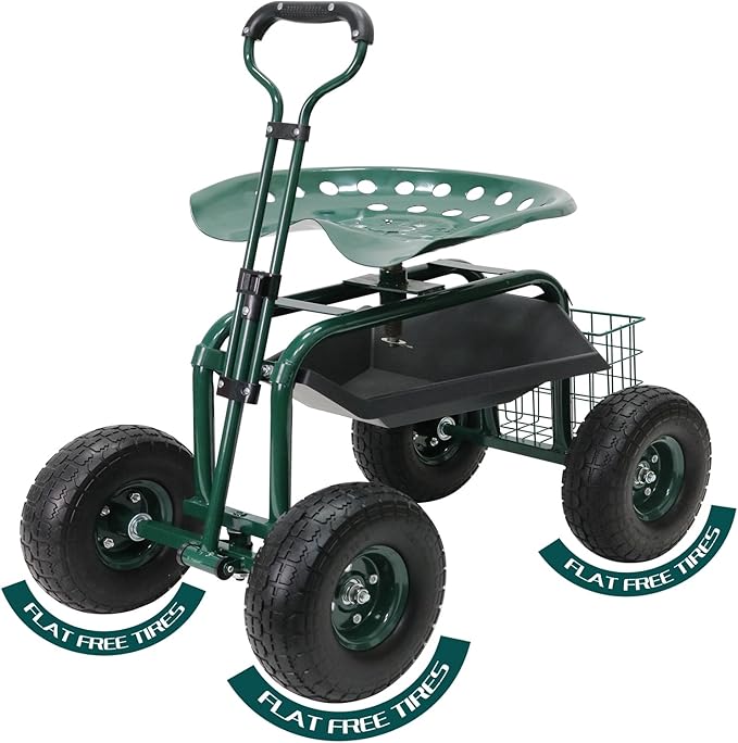 BDL Garden Cart Outdoor Rolling Garden Workseat with Wheels Heavy Duty Garden Tool Cart with Extendable Handle and Storage for Seniors Yard Gardening Work