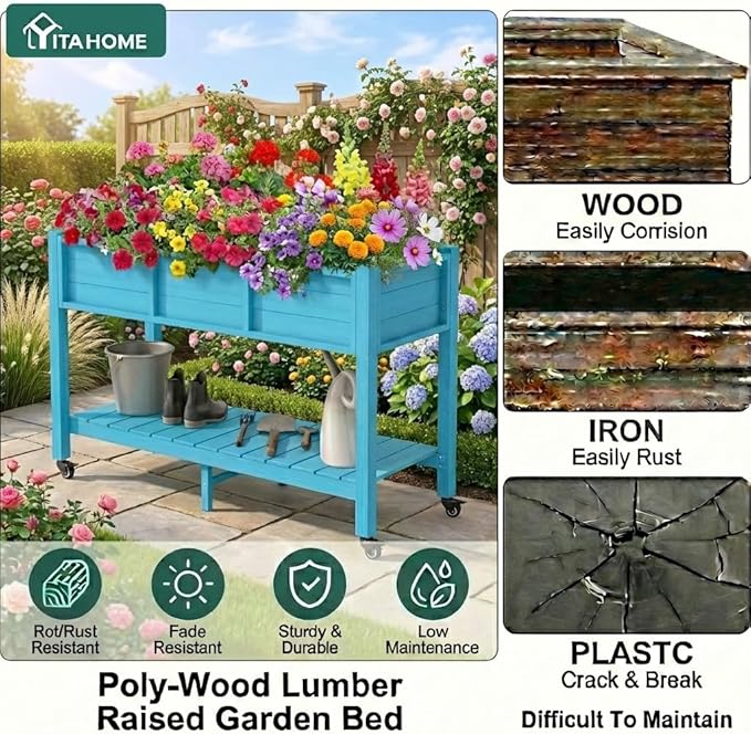 YITAHOME Raised Garden Bed HDPE 47x18x31In Raised Flower Bed Poly-Wood Weather-Resistant Elevated Planter Box with Lockable Wheels &amp Storage Shelf for Vegetable Flower Aruba Blue