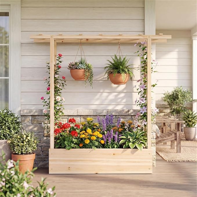 Fir Wooden Raised Garden Bed with Trellis &amp Flat Roof Planter Box for Climbing Plants Outdoor Planting Stand Roof Climbing Plant Support Raised Beds Backyard Planter Wooden Garden Planter - Nat