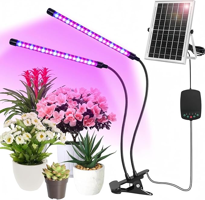 Solar-Powered Grow Lamp with Battery 2-Head 40 LED Full Spectrum Clip Light 16.4FT Cable USB Charging Timer &amp Dimmable Settings for All Growth Stages