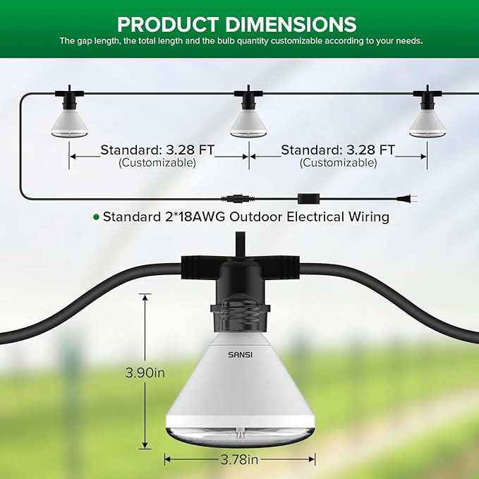 SANSI 192W String LED Grow Light 1500W Equiv. Full Spectrum 4000K Daylight Plant Light 120° Wide Beam Angle IP54 Waterproof High PPFD LED Lamp Outdoor for Greenhouse