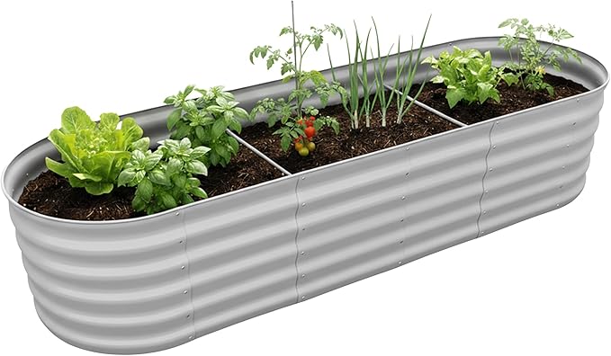 Relaxdays Raised Bed Galvanised Metal for Flowers Plants and Vegetables H x D x D: 45 x 200 x 60 cm Oval Plant Bed Light Grey