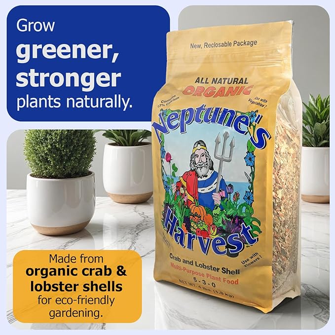 Neptune’s Harvest Organic Crab &amp Lobster Shell Multi-Purpose Plant Food (5-3-0) - 4 LB Resealable Bag - Rich in Nutrients Soil Fertilizer - Plant Food for Lawns Gardens and Vegetables