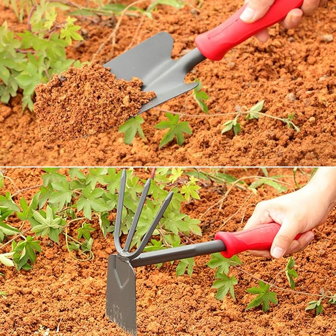 Hand Rake Garden Tool Gardening Hand Tools SetCultivator Hand Rake with Soft Rubberized Non-Slip Ergonomic HandleGarden Gifts for Women &amp Men (Red) Pack of 4
