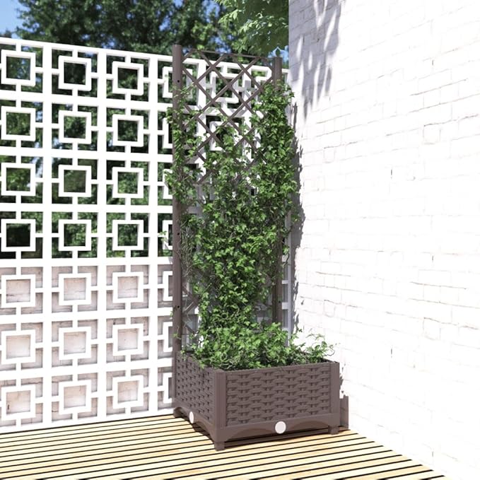 Plastic Garden Planter with Trellis Outdoor Raised Garden Bed Free-Standing Trellis Planter Box for Vine Climbing Plants Flowers Brown 15.7x15.7x47.8 PP-722