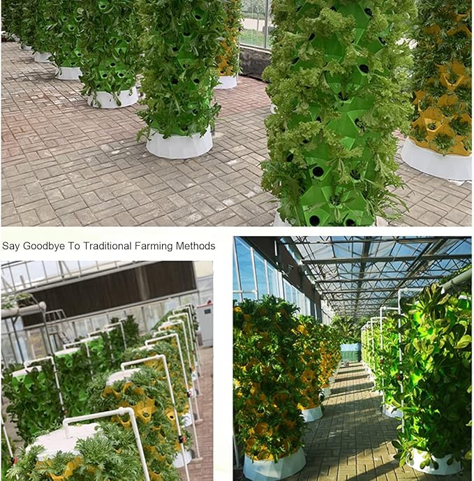 Hydroponics Tower Aquaponics Grow System Aeroponics Growing Kit for Fruits and Vegetables with Hydrating Pump Timer Adapter Seeding Bed &amp Net Pots 64holes