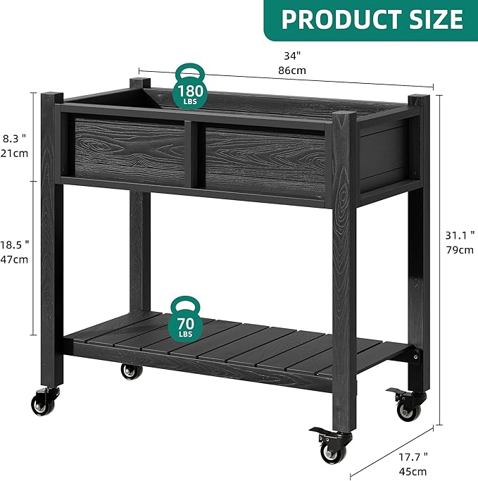 YITAHOME Raised Garden Bed HIPS Poly Wood Elevated Planter Box with Shelf &amp Wheels for Mobility Small Flower Box Stand for Patio Balcony Garden Backyard Black