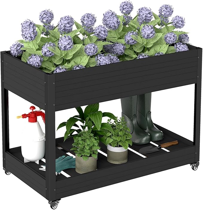 mondaria Mobile Raised Garden Bed 48x24x34 Elevated Planter with Lockable Wheels Wood Plastic Composite Standing Garden Container for Backyard PatioBlack