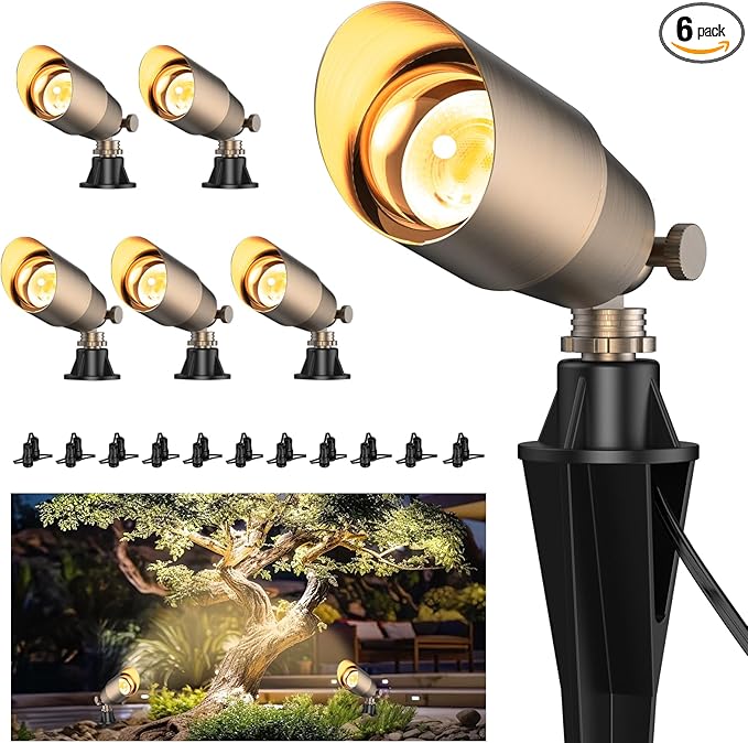 ZONEGRACE Solid Brass Outdoor Uplights &amp Accent Light Fixtures Heavy Duty 12V Low Voltage LED Landscape Lighting Bronze Wired Spot Lights for GardenLawnPatio and Yard Without LED Bulb (6 Pack)