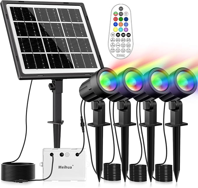 MEIHUA Solar Spot Lights Outdoor Color Changing 4 in 1 Landscape Lighting RGB Spotlights with Remote Control IP66 Waterproof Solar Lights Outdoor Garden for Pathway Yard Pool Tree