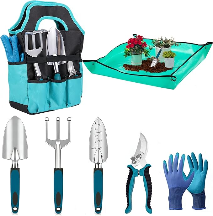 7-Piece Garden Tool Set - Heavy Duty Lightweight Aluminum Alloy Gardening Tools with Storage Tote Bag Rust-Proof Gardening Hand Tools &amp Non-Slip Ergonomic Grip Ideal Gardening Gifts for Women