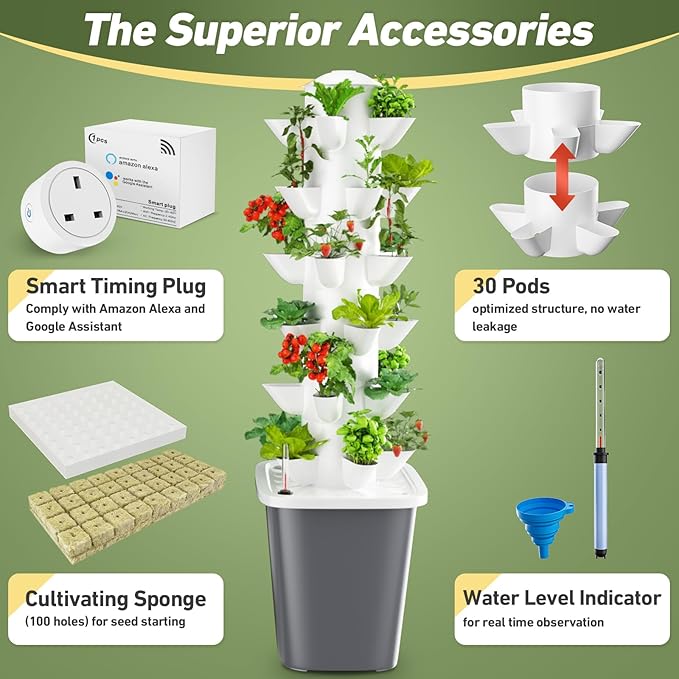 Vertical Hydroponics Garden Tower 30-Plant Hydroponic Growing System Indoor Vertical Farming Garden Planter Smart Herb Garden with Timing Plug Automatic Watering for Home Indoor Gardening System