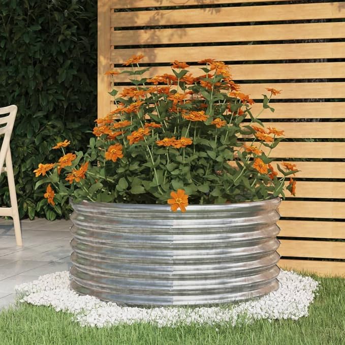 Silver Powder-Coated Steel Round Garden Planter 31.5x31.5x14.2 Inch Durable Outdoor Raised Garden Bed for Vegetables Herbs Flowers