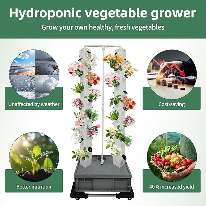 Hydroponics Growing System Tower 56 Holes Vertical Garden Indoor 64 Tall Plant Growing Tower with Wheels Soilless NFT Hydroponic Grow Kit with Water Pump &amp Timer for Vegetables Lettuce Herbs