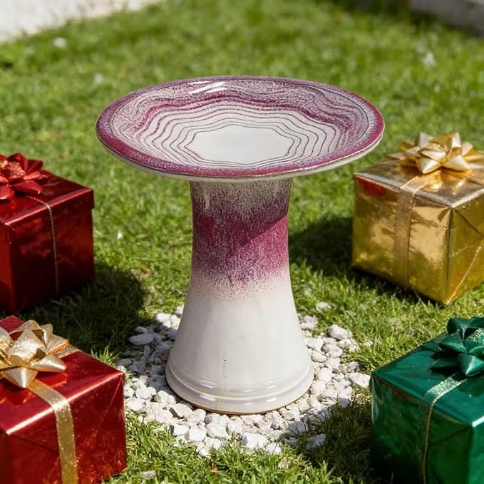 17'' Ceramic Bird Bath for Outside Elegant Tall Outdoor Bird Bath Lightweight Pedestal Glazed Birdbaths for Outdoors with Swirl Pattern Rose Ombre
