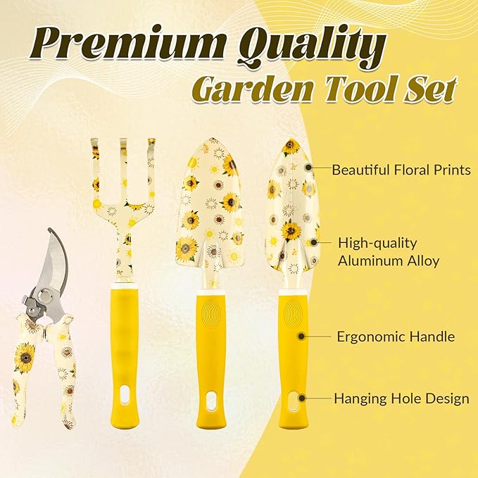 Lifecapido Gardening Gifts for Women Gardening Hand Tools 9 PCS Sunflower Garden Tool Set Kit with Garden Tool Bag Birthday Christmas Mothers Day Garden Tools Gifts for Gardeners Women Mom (Yellow)