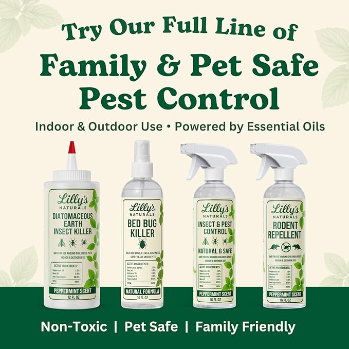 Diatomaceous Earth Food Grade with Peppermint Oil Crawling Insect Killer | Indoor Pest Control Powder for Bed Bug Roach Ant Fleas | Lilly's naturals 12 fl oz