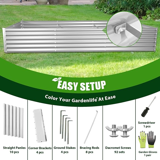 A ANLEOLIFE 6 Pcs 8X4X1.5 ft Rectangular Galvanized Raised Garden Beds Outdoor for Planting Vegetables Flowers Herb Antique White