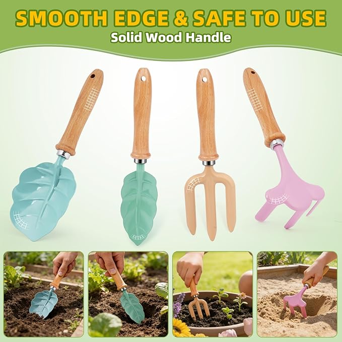 Kids Gardening Tools Set - 4pcs Wheelbarrow Set for Kids with Shovel Rake Leaf Rake Summer Outdoor Yard Digging Weed Toys Easter Birthday Gifts for Boys Girls Age 2 3+ Years (4 White)