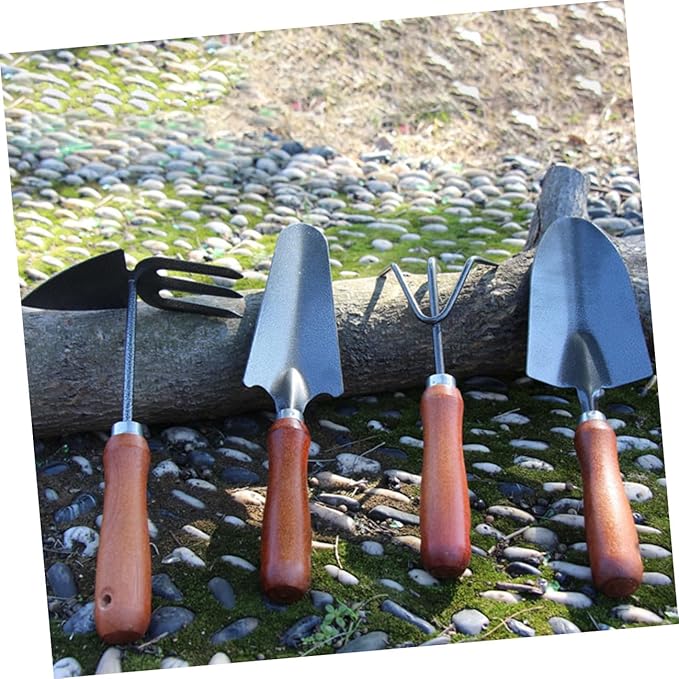 NUOBESTY 4pcs Gardening Tool Set with Garden Shovel Narrow Shovel 3-Prong Rake and Dual-use Hoe Mini Hand Tools for Planting Weeding and Digging in Pots and Garden Beds