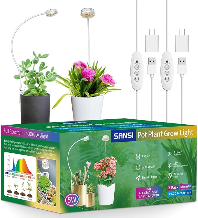 SANSI Grow Lights for Indoor Plants LED Pot Clip Plant Light for Growing 4000K Full Spectrum Plant Growing Lamp with 4-Level Dimmable Auto On Off Timing 3 6 12 Hrs for Small Plants White