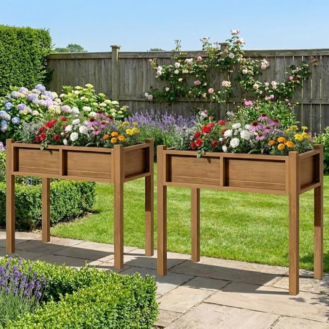 DWVO Raised Garden Bed HDPE with Legs Poly-Wood Weatherproof Elevated Planter Box Outdoor with Drainage System Patio Planters for Herbs Vegetables Flowers Plant Bed for Garden Balcony Backyard Teak
