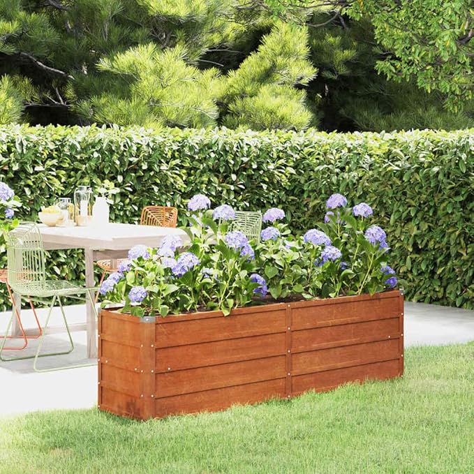 Large Garden Raised Bed Rusty Corten Steel Rectangular Planter for Outdoor Plants Weathered Metal Finish 63x15.7x17.7 Inch Durable Elevated Garden Bed for Vegetables