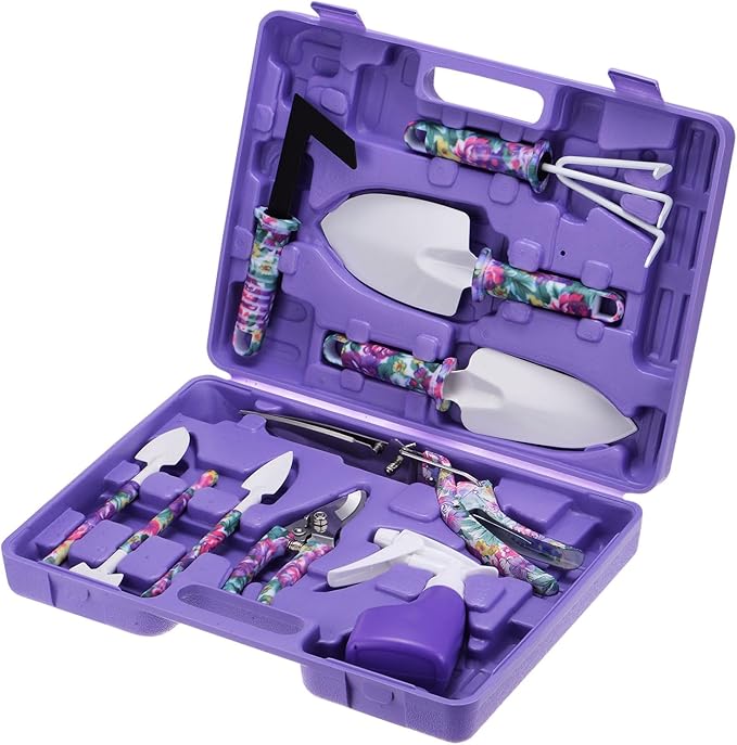 HARFINGTON 1 Set Garden Tool Set 10 Pieces Plastic Gardening Planting Tools Kits with Shovels Rake Scissor Trimmer Water Sprayer and Store Case Purple