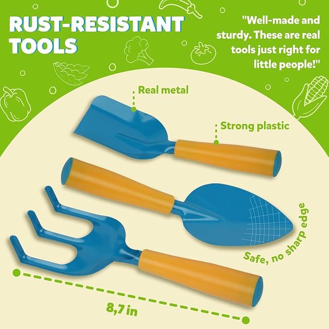 Blue Kids Gardening Tools - Includes Sturdy Tote Bag Watering Can Gloves Shovels Rake and Delightful Children's Book - Kids Garden Tool Set -Easter Gifts for Toddler Age on up.