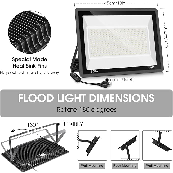 2 Pack 500W LED Flood Light Outdoor2750W Equivalent Super Bright FloodLight with Plug58600LM 5000K Daylight White IP66 Waterproof Commercial Lighting for Sports FieldsCountsArenaStadium