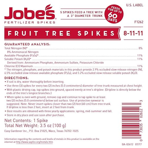 Jobe's Fruit &amp Citrus Fertilizer Spikes 8-11-11 Time Release Fertilizer for All Fruit Trees 5 Spikes per Clear Bag (Pack of 2)
