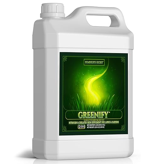 Humboldts Secret Greenify | 12-0-0 Nitrogen &amp 6% Iron Liquid Lawn Fertilizer Concentrate | Chelated Iron Supplement for Healthy Grass Turf and Garden Growth | 1 Gallon Refill for Healthy Growth
