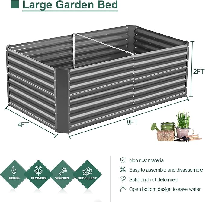 Land Guard 2 Pack 8×4×2ft Galvanized Raised Garden Bed Kit Galvanized Planter Raised Garden Boxes Outdoor Large Metal Raised Garden Beds for Vegetables (Gray)