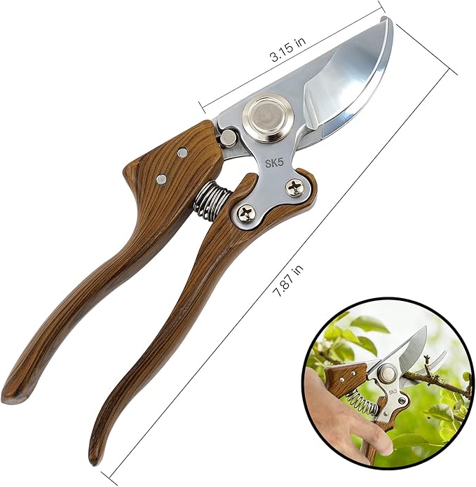 Garvee Professional Pruning Shears for Gardening with High-Carbon 75Cr1 Blades | Wood-Grain Aluminum Handle Garden Shears | 8x20cm Heavy Duty Gardening Tools for Florists &amp Gardeners
