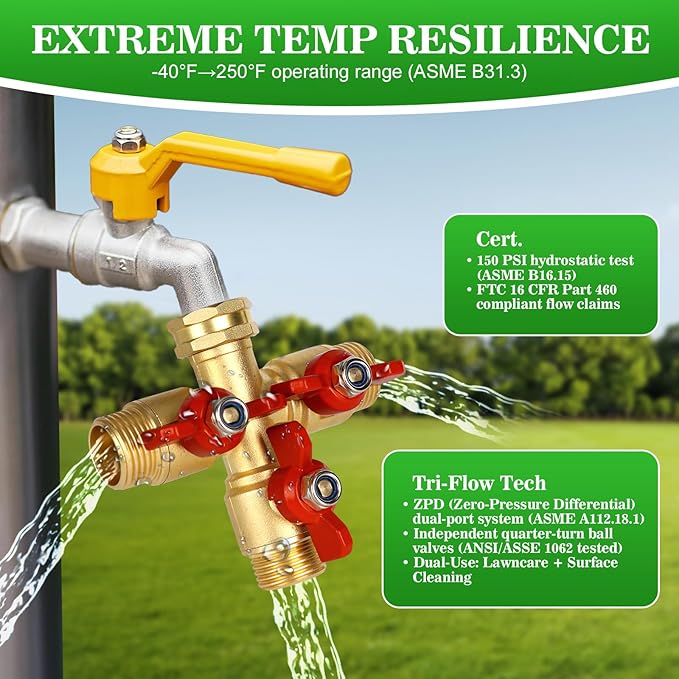 3 Way Hose Splitter Solid Brass High Volume 3 Way Hose Splitter Valve with Metal Handle Heavy Duty High Flow Spigot Splitter with Shut off Valve 3/4 Inch Garden Tap Splitter
