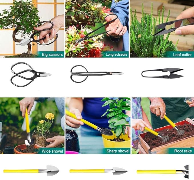 MOSFiATA Bonsai Tools Set 13 Pcs High Carbon Steel Succulent Gardening Trimming Tools Set Include Pruning Shears Scissors Mini Rake Round and Pointed Shovel &ampTraining Wire in PU Leather Bag